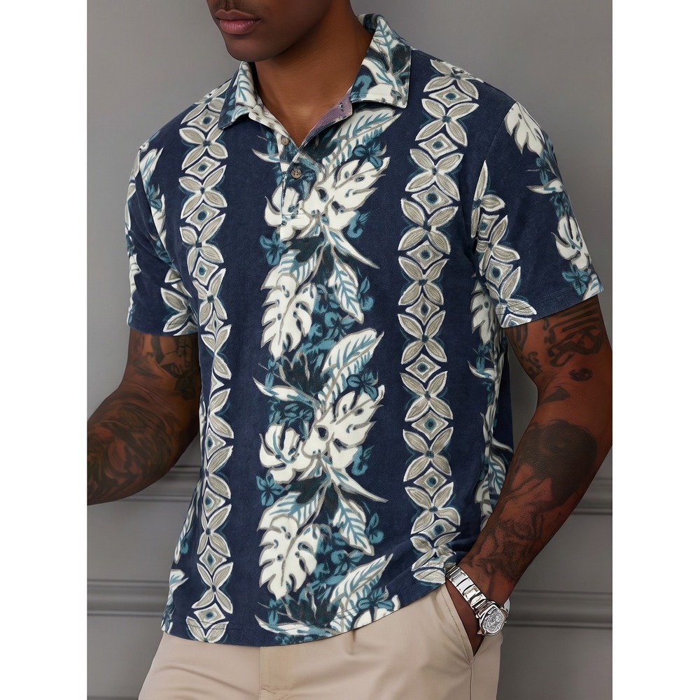 Tommy Bahama Mens M Tropical Floral Cotton Short Sleeve Polo Shirt Navy Blue